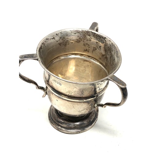 5 - Antique 3 handle silver trophy measures approx 7.5cm tall