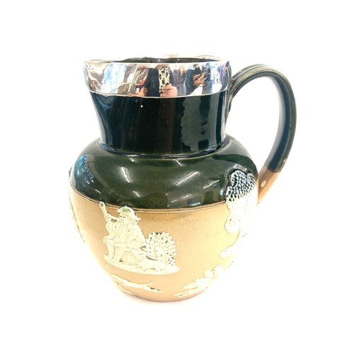 131 - Antique silver mounted Doulton Lambeth stoneware harvest jug, overall height 7 inches