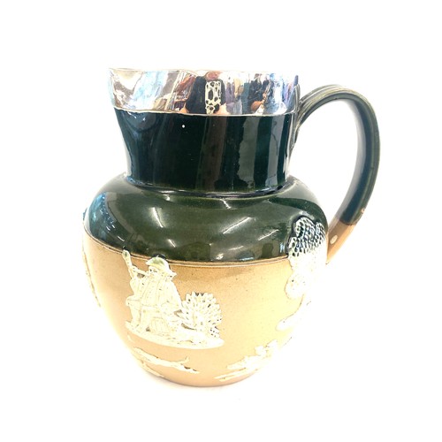 131 - Antique silver mounted Doulton Lambeth stoneware harvest jug, overall height 7 inches