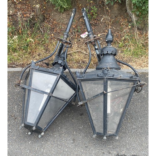 305 - Pair of wall hanging vintage lanterns, with brackets, 
approximate height of lantern: 27 inches