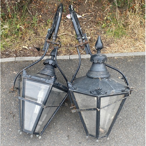 305 - Pair of wall hanging vintage lanterns, with brackets, 
approximate height of lantern: 27 inches