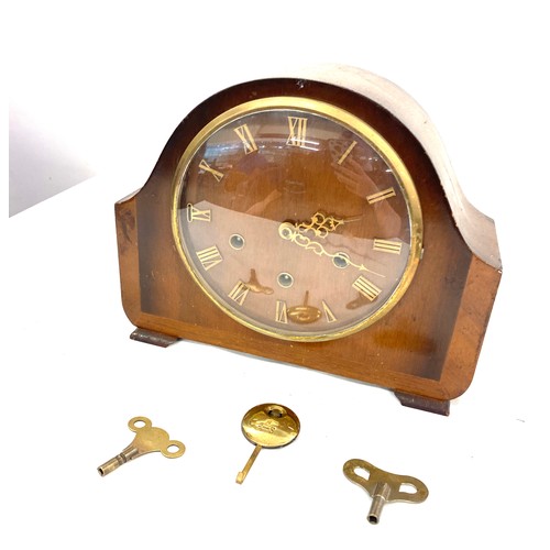 76 - Smiths 3 Key hole mantle clock, with key and pendulum , untested