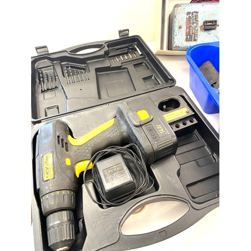 303 - Selection of tools to include drill and accessories, battery charger, drill bits
