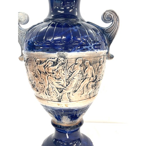 138 - vintage blue two handled vase with greek design measures approx 18 inches tall