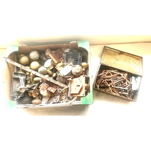 308 - Selection of vintage hinges, door knobs, locks and nails