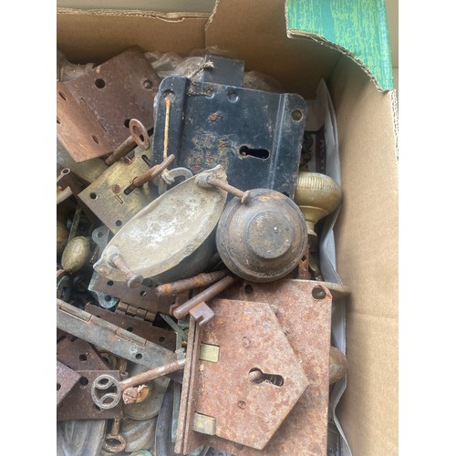 308 - Selection of vintage hinges, door knobs, locks and nails
