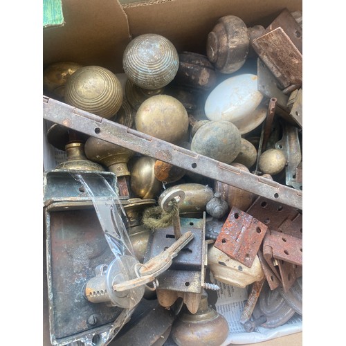 308 - Selection of vintage hinges, door knobs, locks and nails