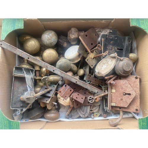 308 - Selection of vintage hinges, door knobs, locks and nails