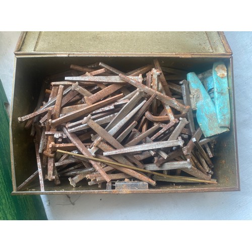 308 - Selection of vintage hinges, door knobs, locks and nails