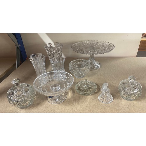 143 - Selection of cut and press glassware to include cake stand, bowls etc