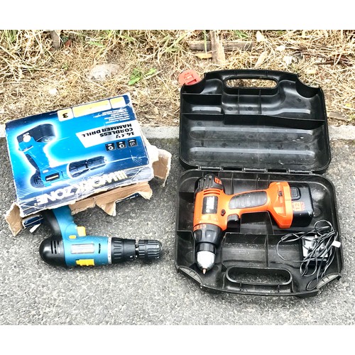 Two cordless drills one black and decker model number CD12C and a work
