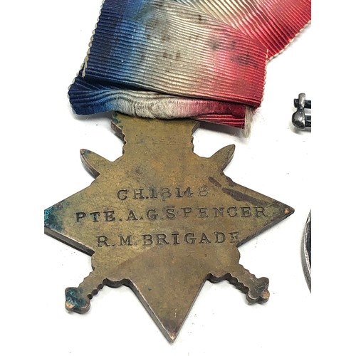 470 - ww1 1914 mons star trio to ch 18148 pte a.g spencer r.m brigade .