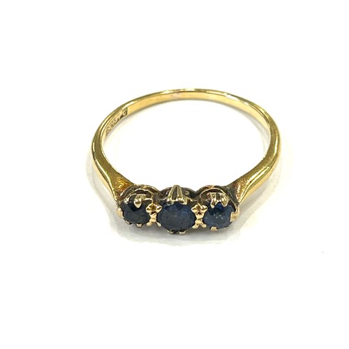 107 - 18ct Gold and Sapphire Trilogy ring, total weight 2.4grams, ring size approx P