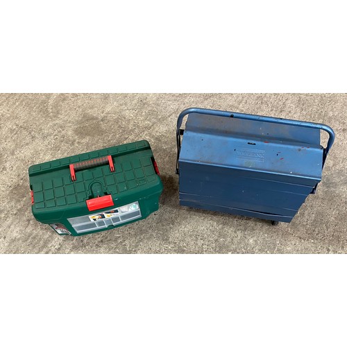 209 - Metal toolbox on wheels, plastic toolbox, no contents