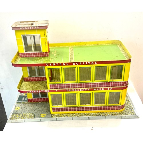 134 - Vintage Mettoy children's general hospital tin building / garage, approximate measurements: Height 1... 