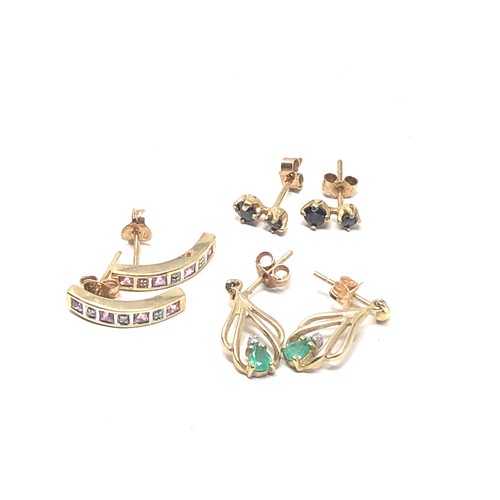 127 - 3 x 9ct gold paired gemstone earrings inc. emerald, sapphire & diamond (4g)