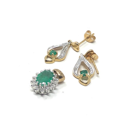 128 - 2 x 9ct gold emerald & diamond pendant and drop earrings set (2.3g)