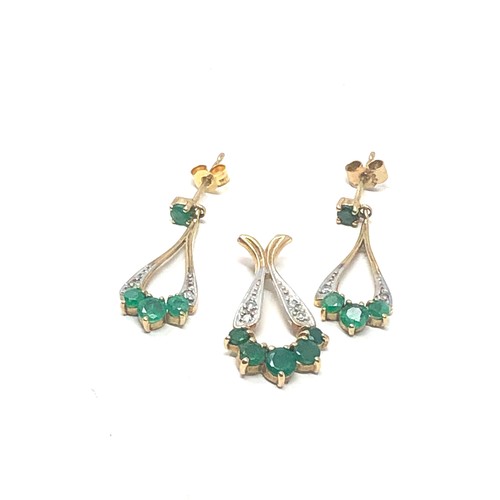 220 - 2 x 9ct gold emerald & diamond pendant and drop earrings set (3.8g)