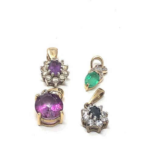 217 - 4 x 9ct gold gemstone pendants inc. amethyst, emerald, diamond, sapphire, topaz & clear gemstone (3.... 