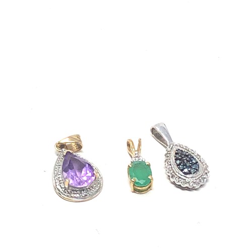 218 - 3 x 9ct gold gemstone drop pendants inc. amethyst, emerald & diamond (2.9g)