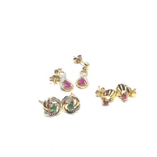 223 - 3 x 9ct gold gemstone earrings inc. ruby, emerald & diamond (2.6g)