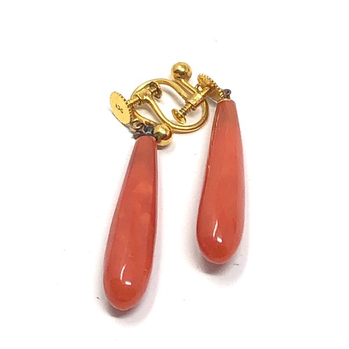 167 - 9ct gold topped coral drop screw back earrings