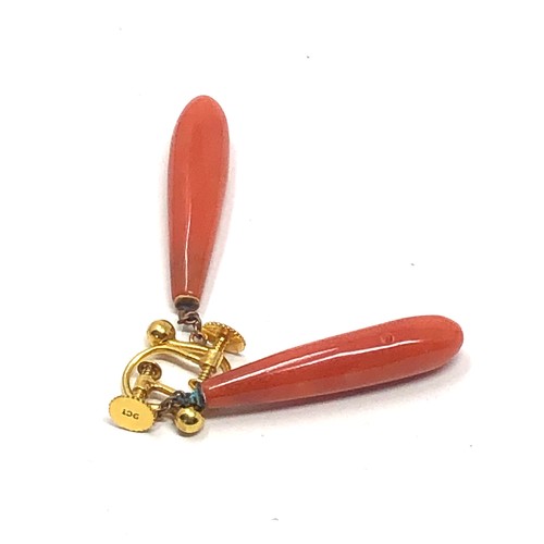 167 - 9ct gold topped coral drop screw back earrings