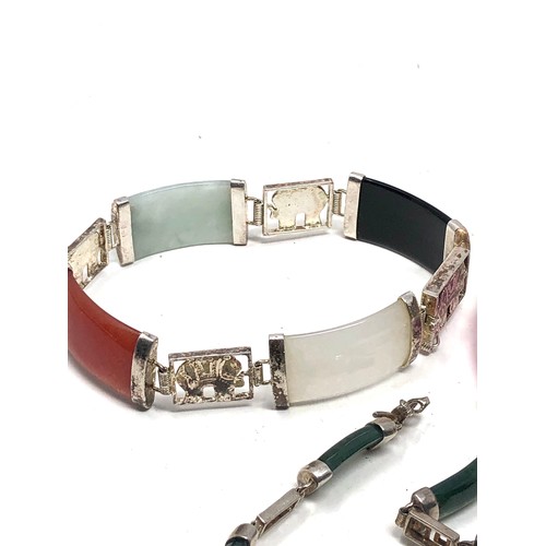 409 - 3 X Sterling Silver Gemstone Panel Bracelets Including Jade & Agate (40g)