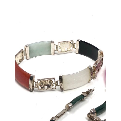 409 - 3 X Sterling Silver Gemstone Panel Bracelets Including Jade & Agate (40g)