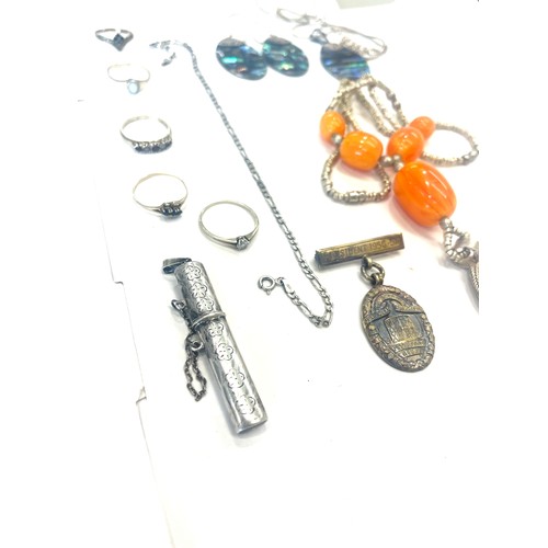 565 - Selection of silver jewellery includes 5 silver rings, Abalone set jewellery, silver Junior Gas meda... 