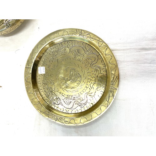 92 - Vintage brass bowl and plate etched with Chinese design, plate diameter approx 24cm