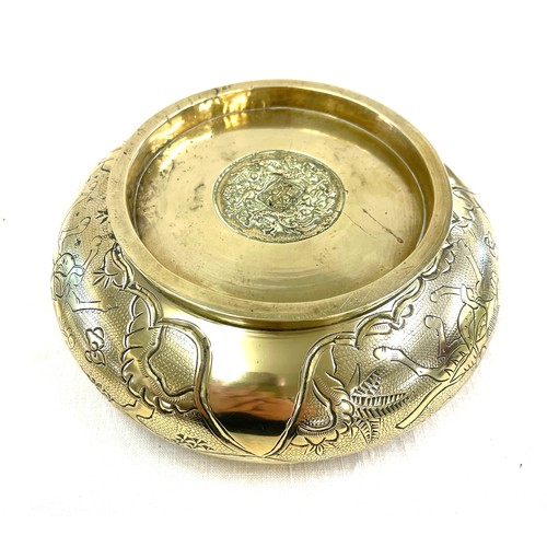 92 - Vintage brass bowl and plate etched with Chinese design, plate diameter approx 24cm