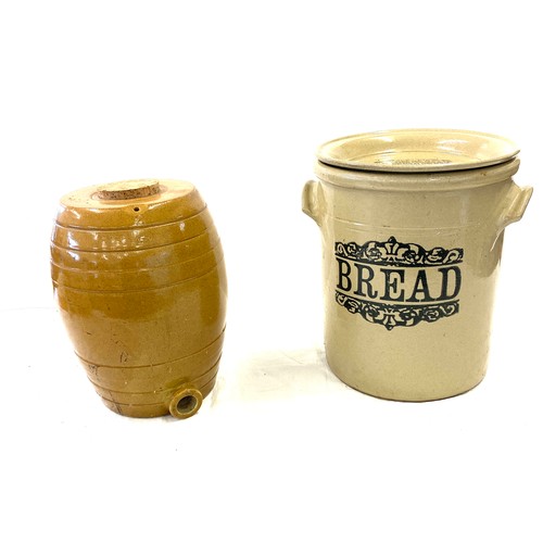319 - Earthernware barrel and bread pot, approximate measurements of largest : 13.5 inches
