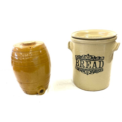319 - Earthernware barrel and bread pot, approximate measurements of largest : 13.5 inches