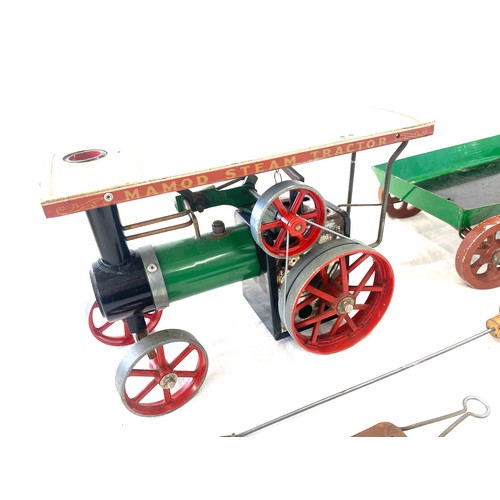 100 - Mamod steam tractor in original box, box is damaged together with trailor