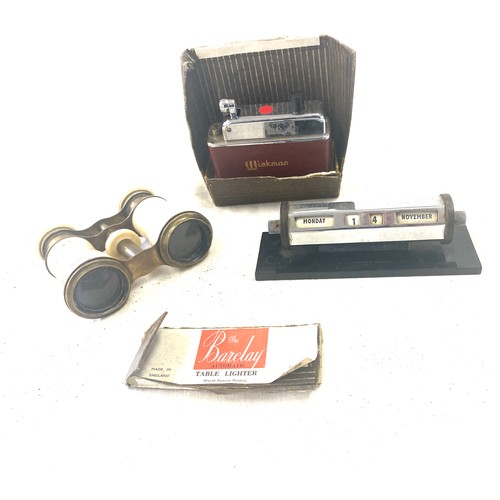 555 - Selection of miscellaneous includes Desk calendar, Opera glasses and a boxed Barclay table lighter