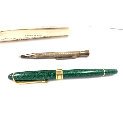 605 - Vintage Eversharp silver pencil with paperwork and a Pierce Fanles fountain pen