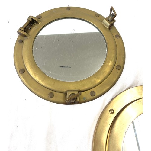 65 - 2 vintage brass ship porthole mirrors, approximate diameter 11.5 inches