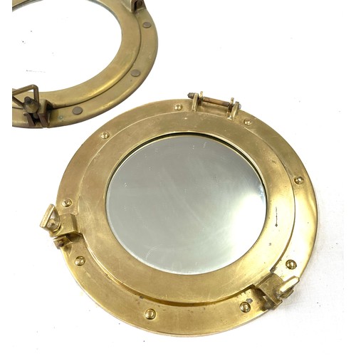 65 - 2 vintage brass ship porthole mirrors, approximate diameter 11.5 inches