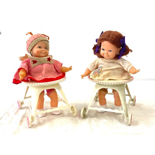 12 - 2 Vintage 1968 Ideal Toddler ring pull moving doll with baby walker (one in working order)