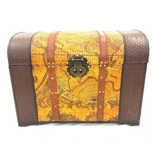 255 - Leather bound travel trunk measures 16 inches by 22 inches by 15 inches depth