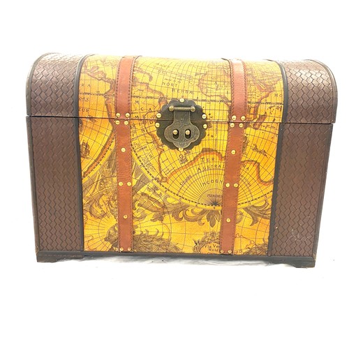 255 - Leather bound travel trunk measures 16 inches by 22 inches by 15 inches depth