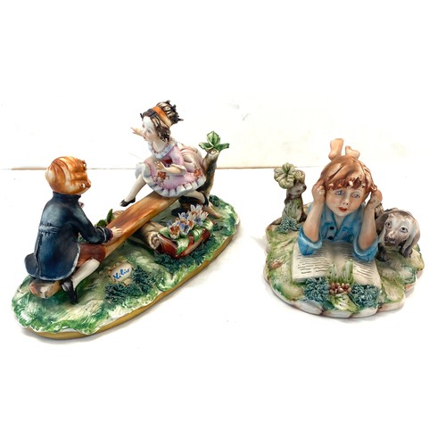 41 - 2, Italian capodimonte figures (girl on seesaw has 2 broken figures) the piece is signed, the boy fi... 