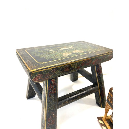 72 - 3 pieces of wooden decorative items to include stool, lamp and jewellery box