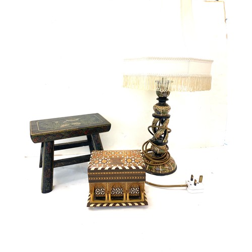 72 - 3 pieces of wooden decorative items to include stool, lamp and jewellery box