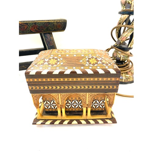 72 - 3 pieces of wooden decorative items to include stool, lamp and jewellery box