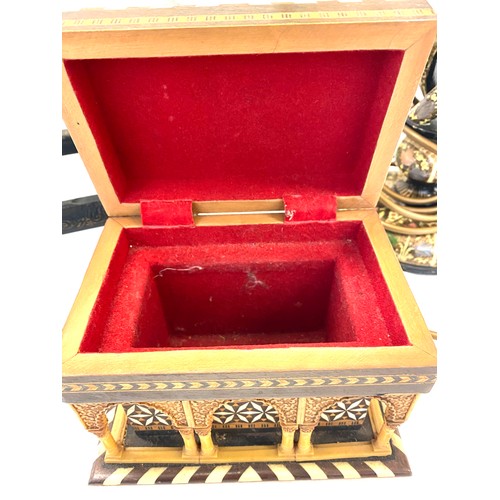 72 - 3 pieces of wooden decorative items to include stool, lamp and jewellery box