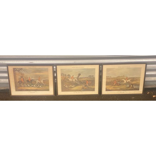 56 - 3 framed hunting scene prints each measures approx 16 inches by 12 inches