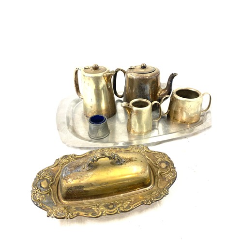 28 - Silver plated tea service and a stainless tray etc