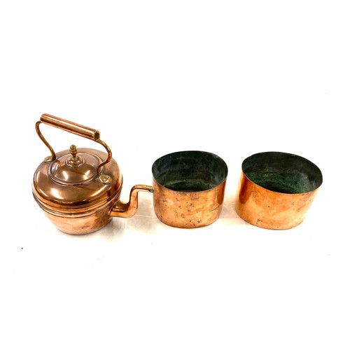23 - Copper kettle, 2 matching copper small plant holders